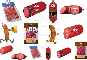 Cartoon wurst, sausage and salami characters with various forms and packaged sliced products