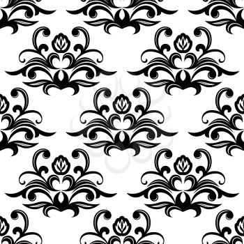 Dainty floral seamless pattern with vintage black flourishes and blossoms