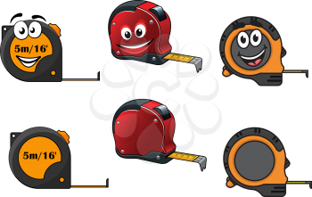 Set of retractable tape measures with and without happy smiling faces, isolated on white