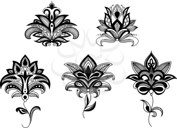 Indian and persian paisley flowers set in outline style isolated on white background