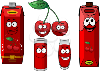 Cartoon red happy cherry fruit with juice in cardboard cartons and glasses characters