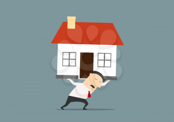 Businessman carrying a house on his back with an expression of strain and pain conceptual of the financial burden of ownership