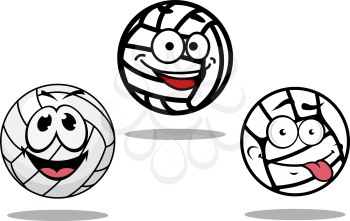 Three white cartoon volley balls characters, two with happy smiling faces an one with a protruding tongue and grin