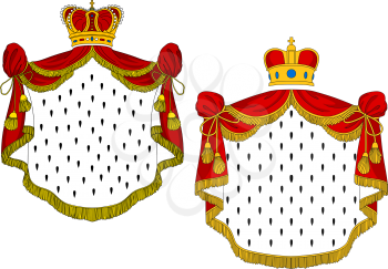 Heraldic royal mantles with red silk, golden crowns and decorative elements