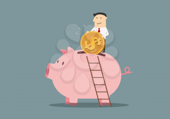 Businessman banking a golden dollar coin into the slot of a giant pink piggy bank having climbed a ladder to reach his goal in a conceptual business illustration