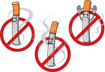 Cartoon no smoking signs depicting dismayed, angry or surrendering cigarettes with curling smoke