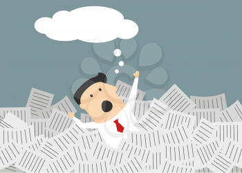 Businessman drowning in a sea of paperwork raising his arms for help with a blank empty thought or speech bubble above