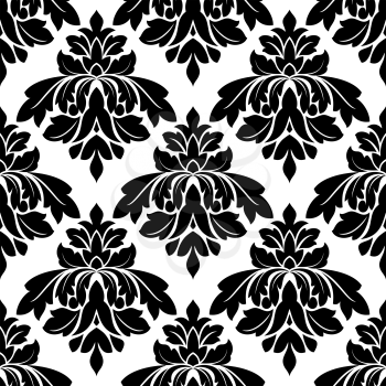 Black damask seamless pattern with arabesque elements and flowers for interior design