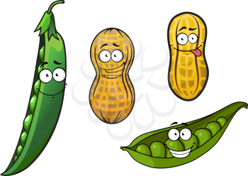 Cartoon opened green pea pods with stalk and glossy peas and whole peanuts in yellow dry shells with funny smiling faces for vegetarian or healthy nutrition concept design