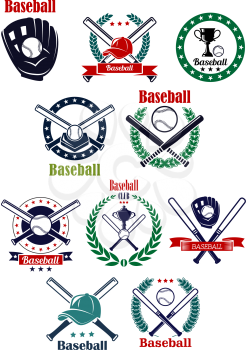 Baseball club and game emblems and labels with bats, balls, gloves, caps, trophy cups encircled stamps, laurel wreaths with stars and ribbon banners for sport design