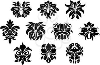 Black vintage floral elements with abstract bold flowers ornate decorated twirls, curly tendrils and leaf compositions for damask style interior design