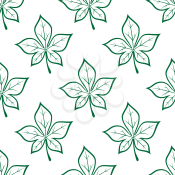 Foliage seamless background with green stylized chestnut leaves repeated motif in outline sketch style for textile or flyleaf design