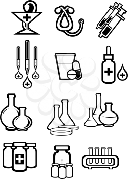 Medicine or drugs icons in outline sketch style with bottles, pills, capsules, syringes, drops, tubes, droppers, stethoscope and pharmacy symbol for drugstore or medicament design