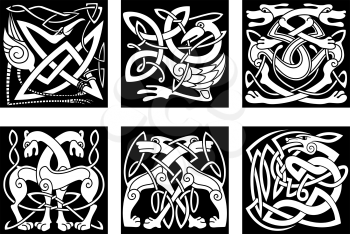 Celtic styled abstract animals and birds decorated ornament in traditional ethnic irish style on black background for tattoo or totem design 
