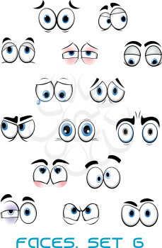Cartoon blue eyes with eyebrows showing different emotions: happy, sad, angry, scared, surprised, love suited for comic book or avatar design