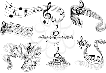 Abstract sheet music design elements depicting music staves with treble clefs, notes, clef signs with shadows and reflections isolated on white background