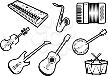 Outline sketch acoustic and electric musical instruments with guitars, violin, saxophone, synthesizer, drum, banjo and accordion for orchestra or band emblem design