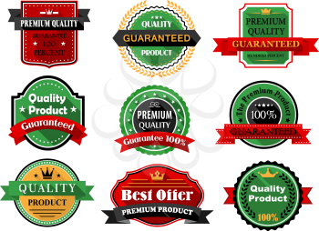 Quality product and best offer vintage labels in flat style with long shadows decorated ribbon banners, crowns, stars, laurel wreaths for promotion design