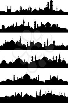 Black silhouettes of islamic cityscape shoving mosques, minarets with crescents on the tops of dome roofs and castles with high towers for traveling or architecture design