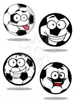 Football or soccer balls cartoon characters with googly eyes and smiling faces suitable for sporting mascot or logo design