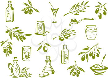 Green olive design elements showing olive oil in glass bottles, pickled olives in jars and branches with pointed leaves and olives