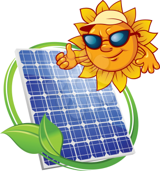 Blue solar power panel encircled by green leafy stalk and above them happy cartoon sun character in cap and sunglasses suited for alternative energy or ecological concept design