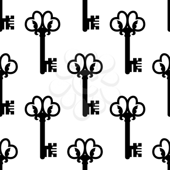 Vintage seamless black and white pattern with old keys decorated floral ornament suitable for fabric or background design