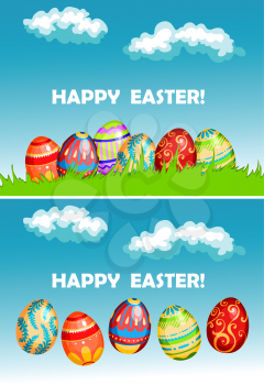 Easter greeting cards with easter eggs decorated traditional floral ornament in green spring grass and on blue sky background 