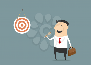 Happy cartoon businessman with dart and dartboard ready to show successful target achievement suitable for business success strategy concept design