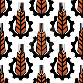 Seamless agriculture abstract pattern with repeated motif of yellow wheat ear in the middle of serrated gear on white background