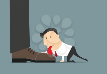 Businessman with big red tongue licking huge boot of his boss groveling for successful career in cartoon style for grovel in business concept design