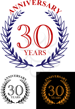 Retro 30 years anniversary celebration laurel wreath in different color variations in golden color on black background and in black, blue isolated on white for jubilee party design