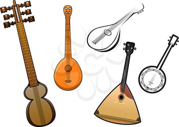 Balalaika, banjo, domra, dombra, kemenche in cartoon and outline sketch style for orchestra and band design
