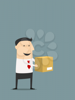 Cartoon happy smiling businessman with red necktie holding cardboard box in front of himself in flat style suited for delivery service or logistics concept design