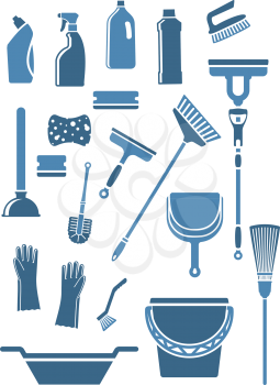 Domestic tools and supplies for cleaning including mop, broom, bucket, brushes, gloves, sponges, dustpan, plunger, squeegee and detergent bottles in blue colors