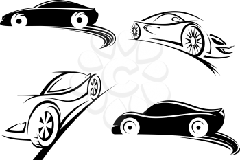 Black silhouettes of sports speed racing car in doodle sketch style isolated on white background for sporting and automotive design