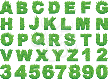 Grass alphabet depicting letters and numbers with spring green grass texture for education or ecological concept design