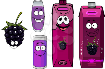 Cartoon smiling blackberry juice characters depicting dark blue fresh blackberry fruit with lush green stalk, cardboard packs and glasses of juice for promotion or healthy nutrition concept design