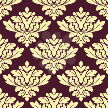 Beige densely floral seamless pattern with bold lush flowers decorated carved leaves tracery on dark violet background for wallpaper or upholstery design