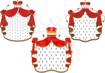 Majestic royal red velvet mantels with gold crowns ornate decorated white spotty fur, golden fringe, tassels and jewels for heraldic emblem or coat of arms design