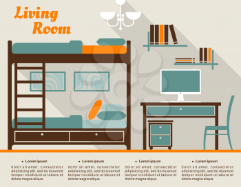 Living room modern interior design infographic in flat style including bunk bed with stairs, table with desktop computer, chair, bookshelves, chandelier and text layout