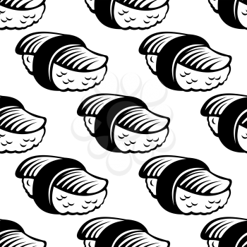 Doodle sketch sushi seamless pattern in black and white colors for food pack or fabric design