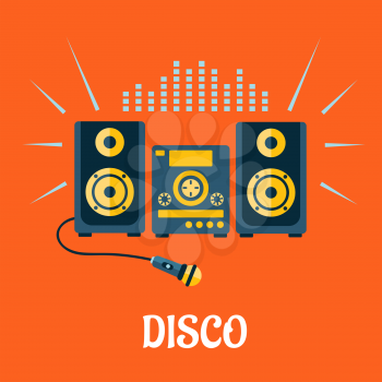Disco party concept in flat style showing audio system with microphone and sound waves above them on orange background with caption Disco