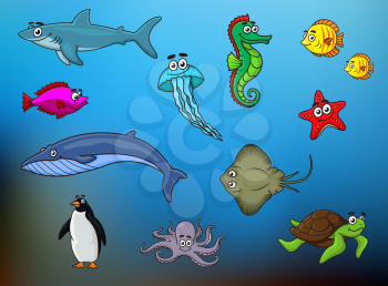 Cartoon cute fishes, sea turtle, jellyfish, octopus, whale, starfish, shark, seahorse, stingray, penguin on blue blurred background for underwater life education design