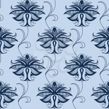 Indian paisley seamless pattern in shades of blue with elegant lace flowers decorated swirls suited for oriental style fabric design
