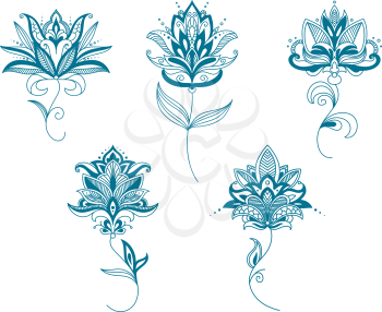 Delicate persian blue flowers in paisley style with curved pointed petals and long wavy stems for romantic design