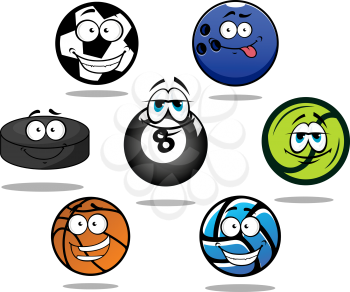 Cartooned funny sporting balls and puck for football or soccer, ice hockey, volleyball, basketball, bowling, tennis, billiard with shadows 