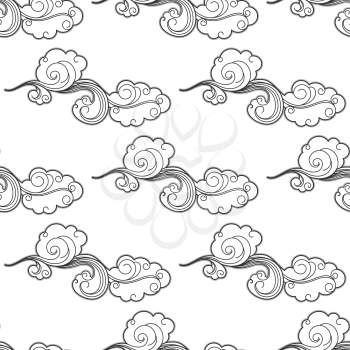 Vintage cartoon clouds seamless pattern with curlicue swirling cloudscape in doodle sketch style for wallpaper or fly leaf design