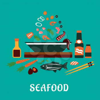 Seafood dish concept in flat style showing sauce bottles, chopsticks, whole fish and bowl with pieces of tuna, shrimps, mussels, olives and vegetables
