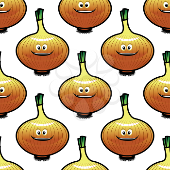 Cartoon onion vegetable seamless pattern showing repeated motif of smiling bulbs with golden peel and little green sprouts for food pack or fabric design
